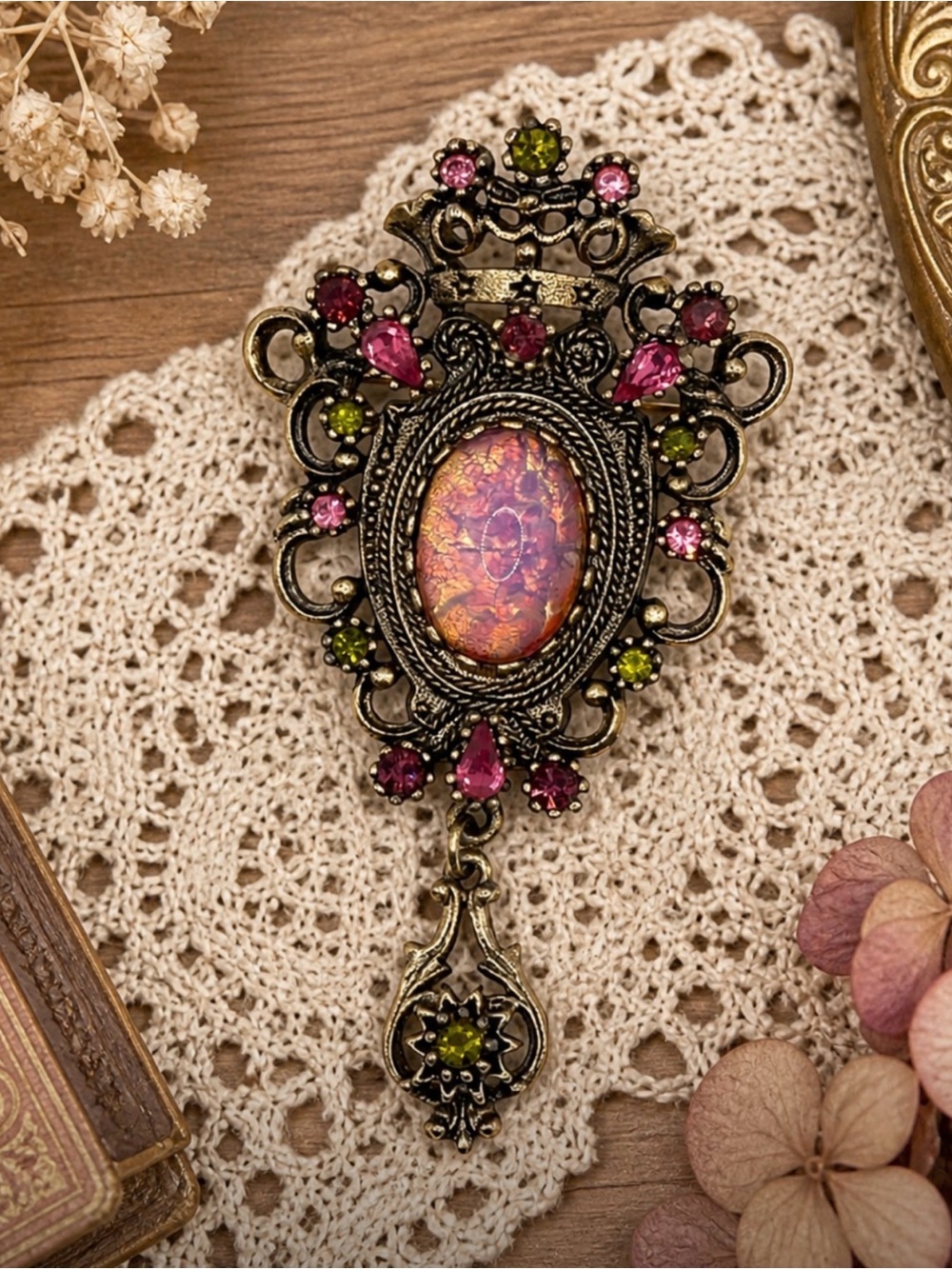 SARAH COVENTRY 1970s Signed Contessa Pink Fire Opal Brooch/Pendant